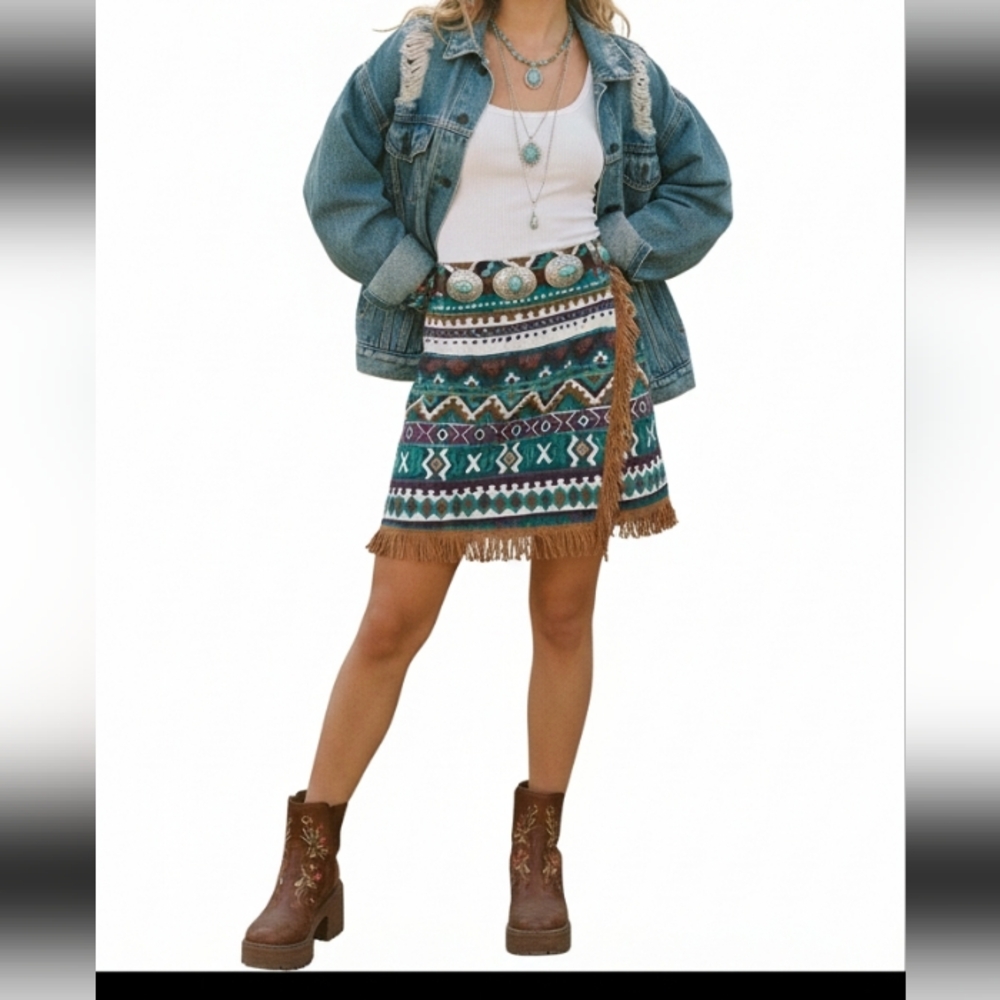 Vtg 90s Extra Blues Southwestern Mini Wrap Skirt Juniors 7 Aztec Fringe Eclectic